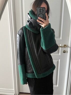 KENZO Shearling Trim Leather Jacket (Green/Black) – XS